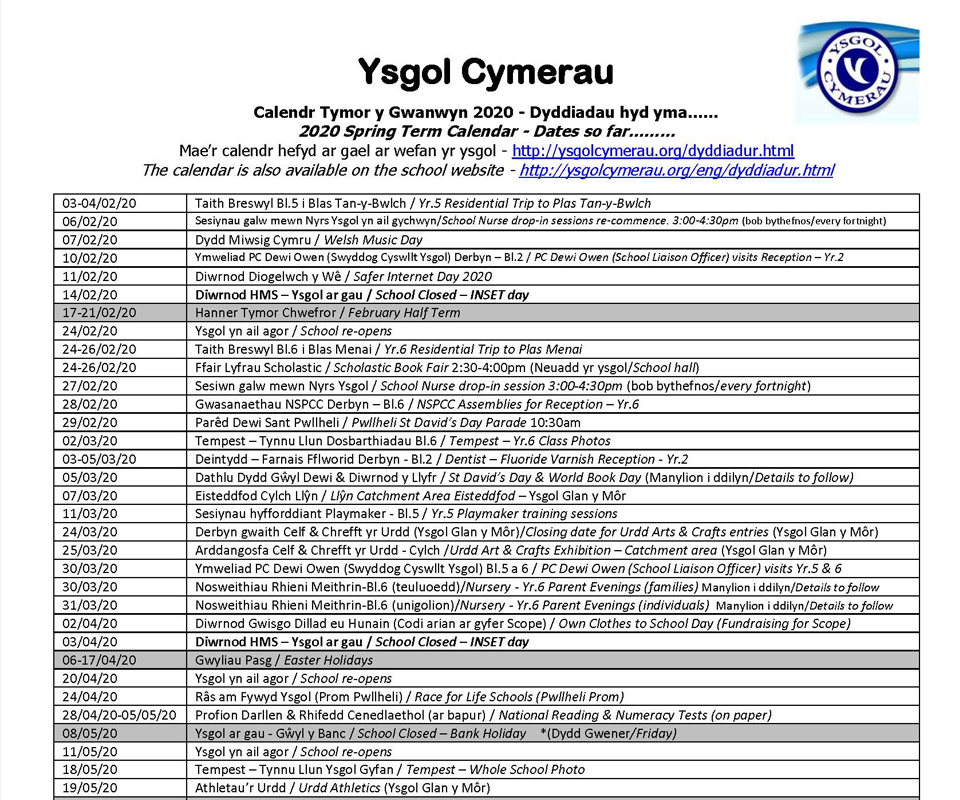 Calendr Tymor y Gwanwyn 2020